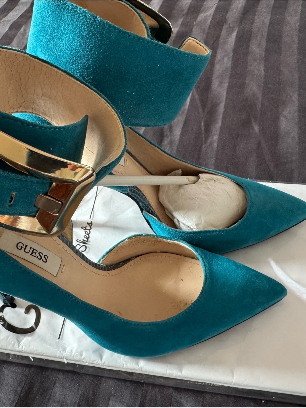 GUESS Teal Suede Pointed-Toe Ankle Strap Heels